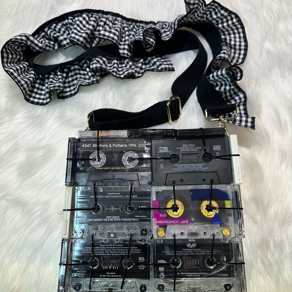 Cassette Tape Shoulder Bag with Gingham Ruffle Strap - Picture 3 of 5